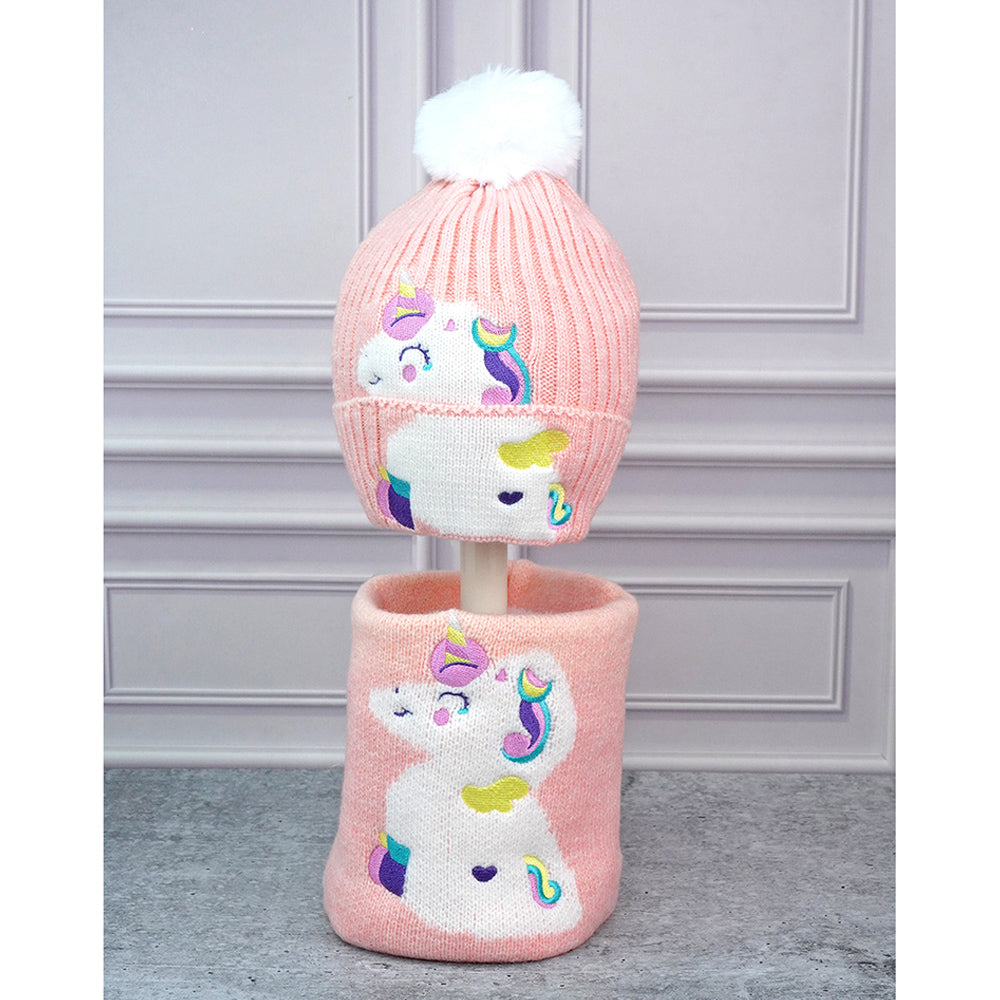 Little Surpise Box 2Pcs Peach Unicorn Themed Beanie Winter Cap With Matching Neck Cuff Style Muffler For Kids