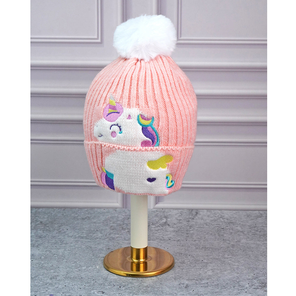 Little Surpise Box 2Pcs Peach Unicorn Themed Beanie Winter Cap With Matching Neck Cuff Style Muffler For Kids