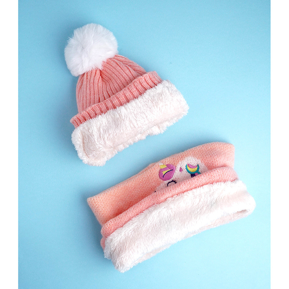 Little Surpise Box 2Pcs Peach Unicorn Themed Beanie Winter Cap With Matching Neck Cuff Style Muffler For Kids