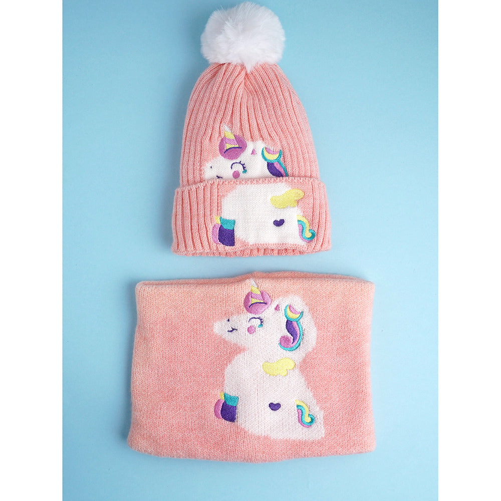 Little Surpise Box 2Pcs Peach Unicorn Themed Beanie Winter Cap With Matching Neck Cuff Style Muffler For Kids