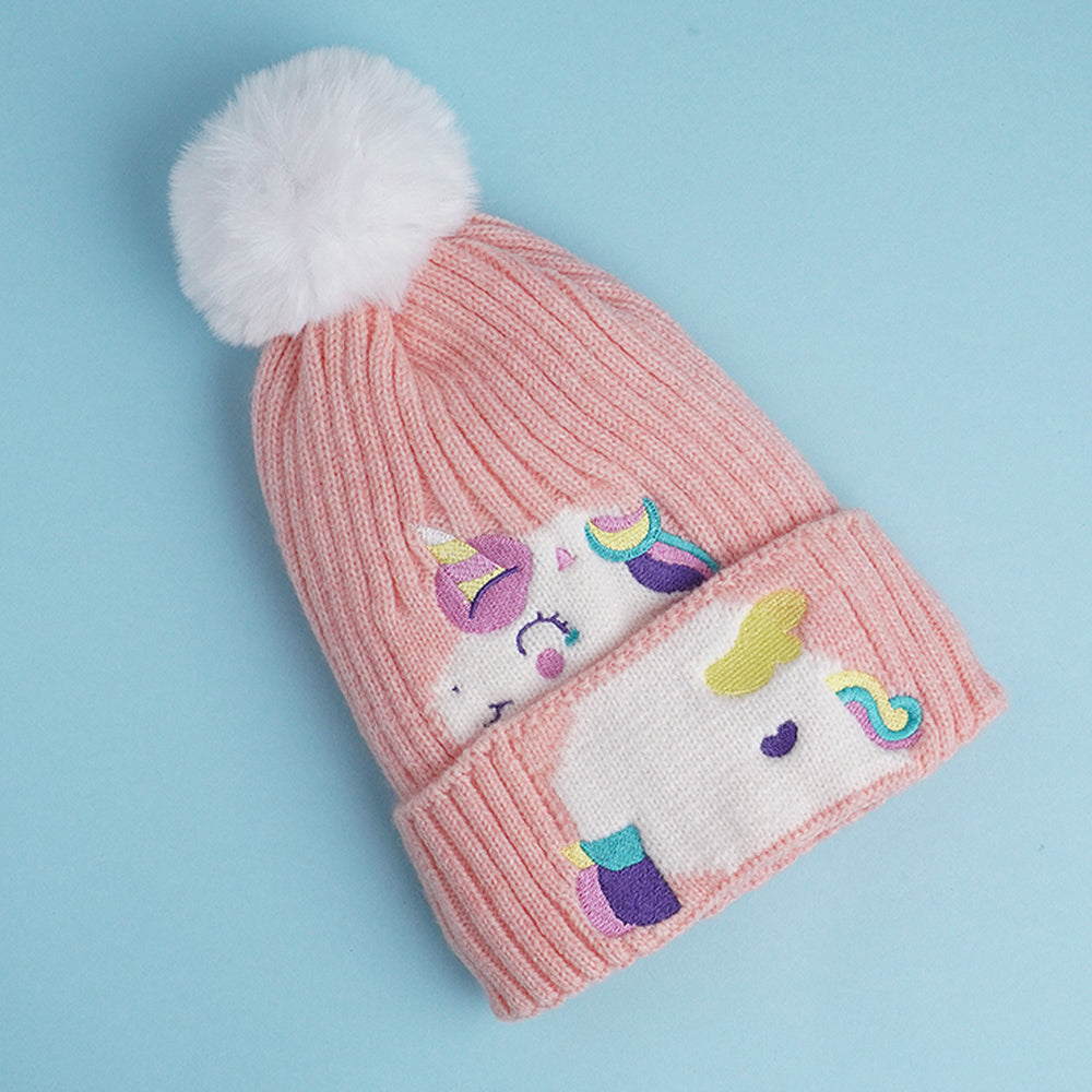 Little Surpise Box 2Pcs Peach Unicorn Themed Beanie Winter Cap With Matching Neck Cuff Style Muffler For Kids