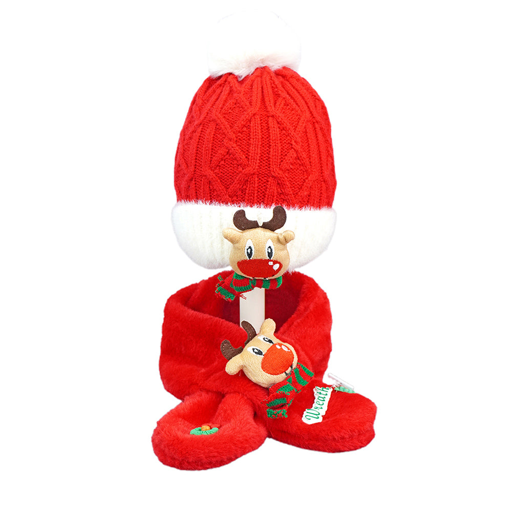 Little Surpise Box 2Pcs Red Reindeer Themed Winter Cap Beanie With Matching Long Style Neck Muffler For Kids