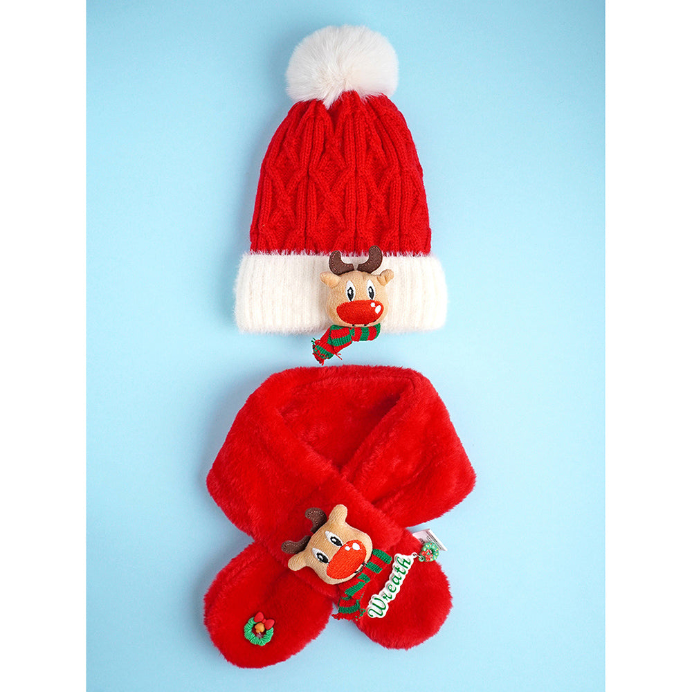 Little Surpise Box 2Pcs Red Reindeer Themed Winter Cap Beanie With Matching Long Style Neck Muffler For Kids