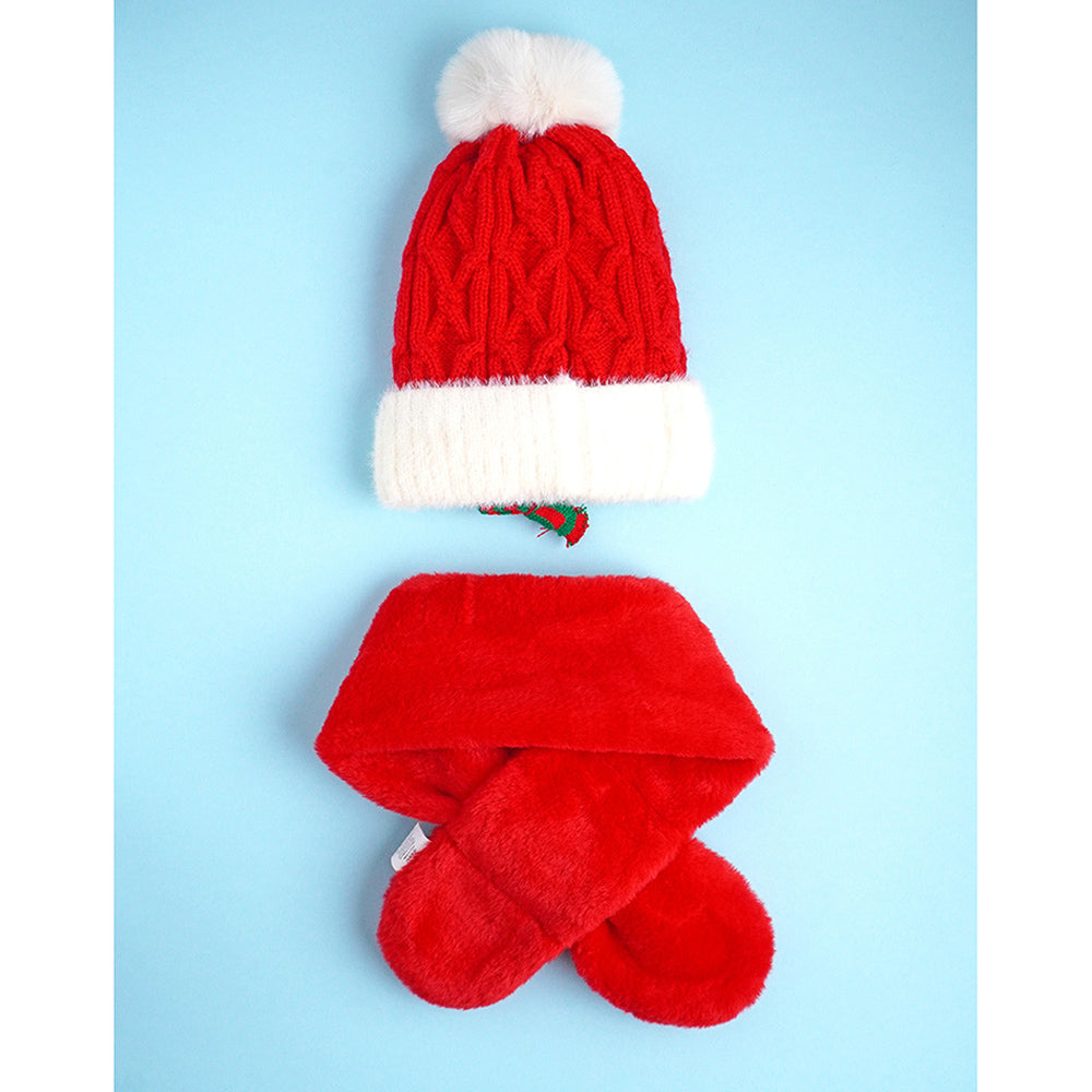 Little Surpise Box 2Pcs Red Reindeer Themed Winter Cap Beanie With Matching Long Style Neck Muffler For Kids