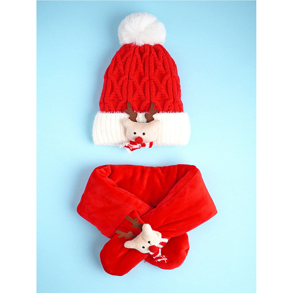 Little Surpise Box 2Pcs Red Nose Reindeer Themed Winter Cap Beanie With Matching Long Style Neck Muffler For Kids