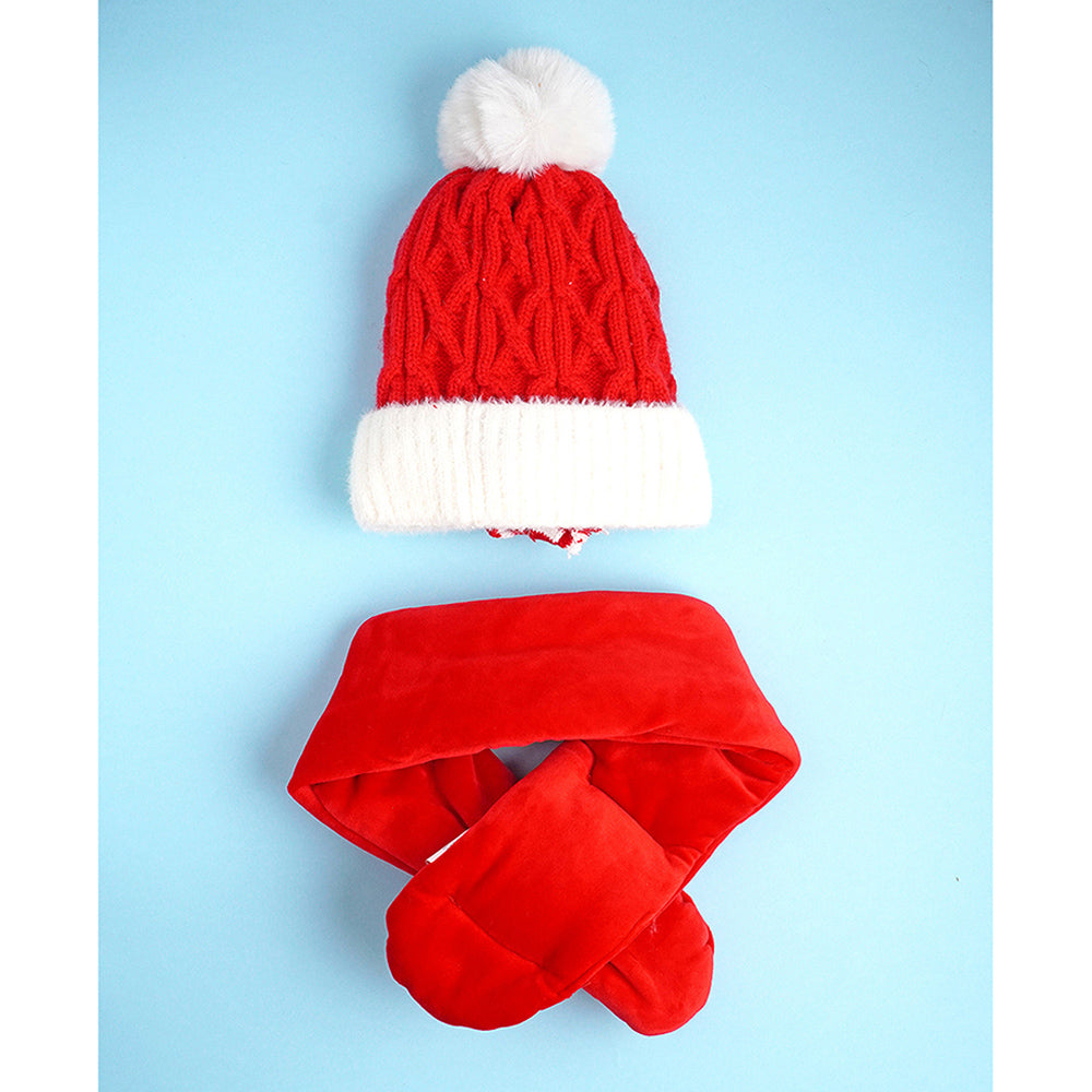 Little Surpise Box 2Pcs Red Nose Reindeer Themed Winter Cap Beanie With Matching Long Style Neck Muffler For Kids