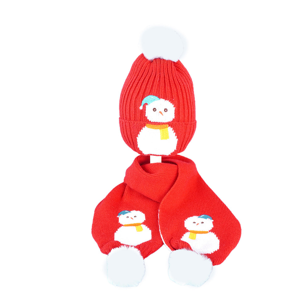 Little Surpise Box 2Pcs Red Snowman Themed Beanie Winter Cap With Matching Long Style Neck Mufflers For Kids