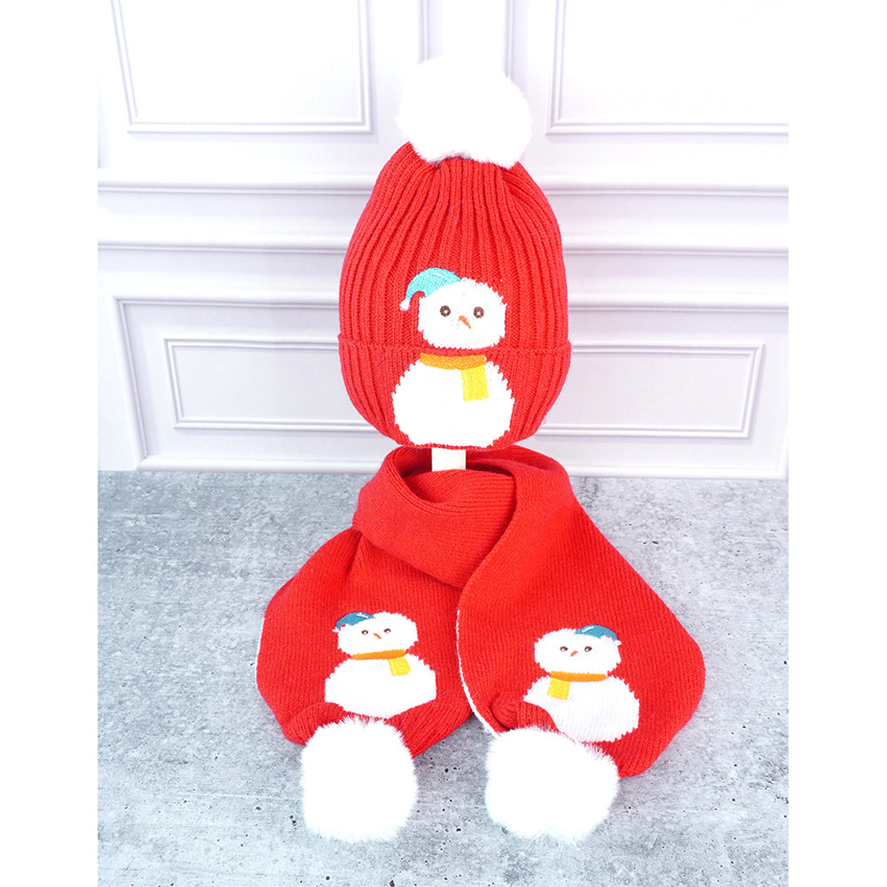 Little Surpise Box 2Pcs Red Snowman Themed Beanie Winter Cap With Matching Long Style Neck Mufflers For Kids