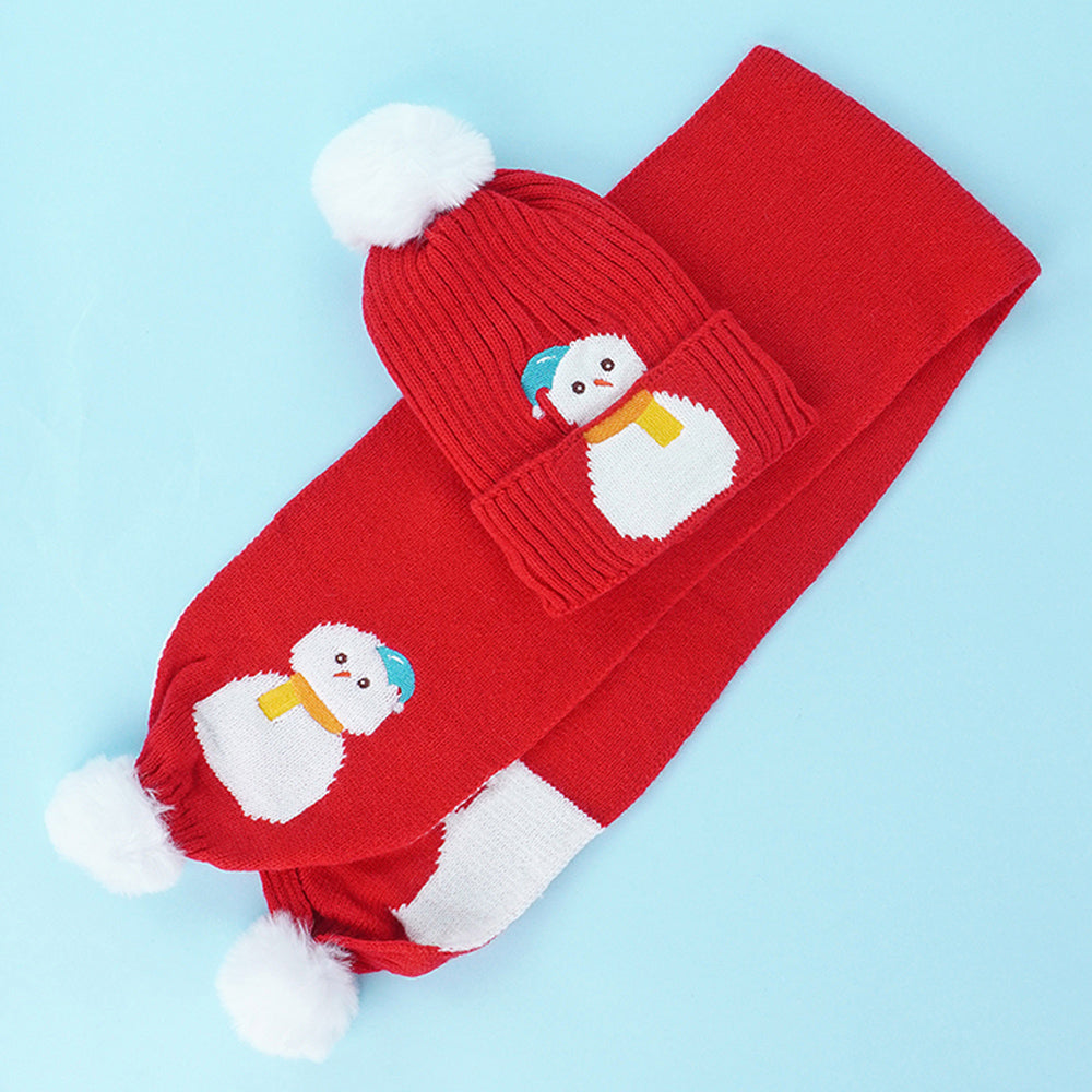 Little Surpise Box 2Pcs Red Snowman Themed Beanie Winter Cap With Matching Long Style Neck Mufflers For Kids