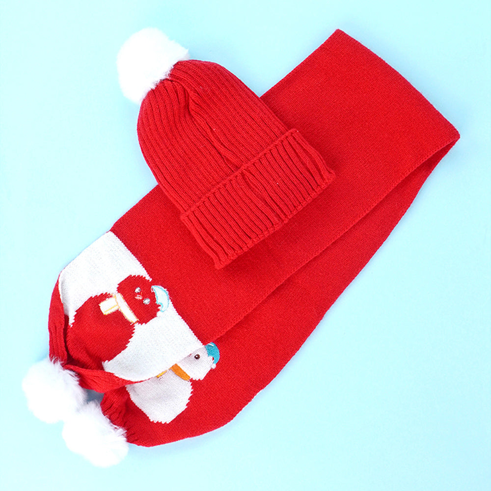 Little Surpise Box 2Pcs Red Snowman Themed Beanie Winter Cap With Matching Long Style Neck Mufflers For Kids