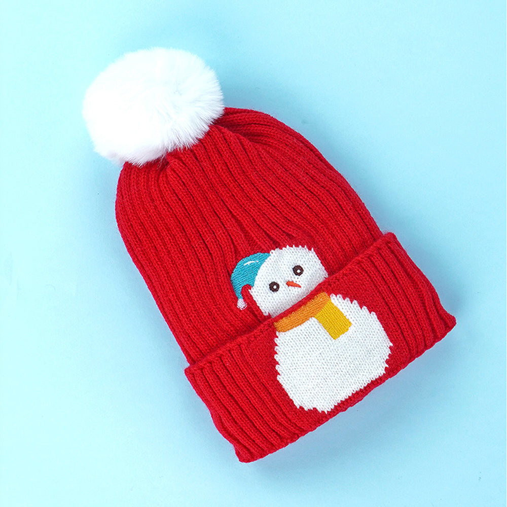 Little Surpise Box 2Pcs Red Snowman Themed Beanie Winter Cap With Matching Long Style Neck Mufflers For Kids