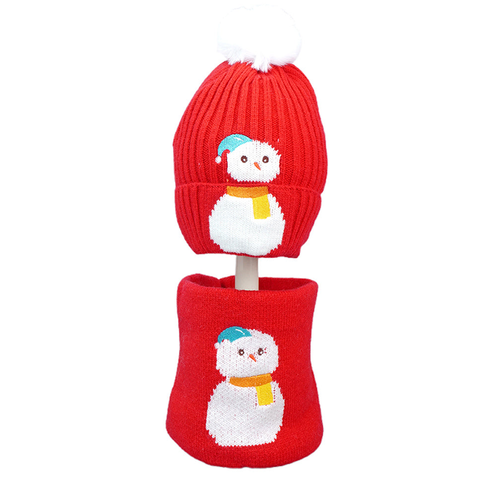 Little Surpise Box 2Pcs Red Snowman Themed Beanie Winter Cap With Matching Neck Cuff Style Muffler For Kids