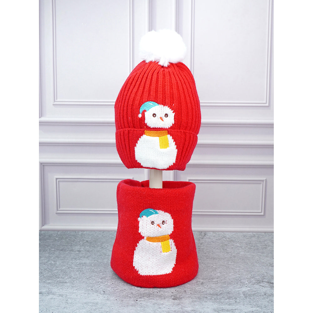 Little Surpise Box 2Pcs Red Snowman Themed Beanie Winter Cap With Matching Neck Cuff Style Muffler For Kids