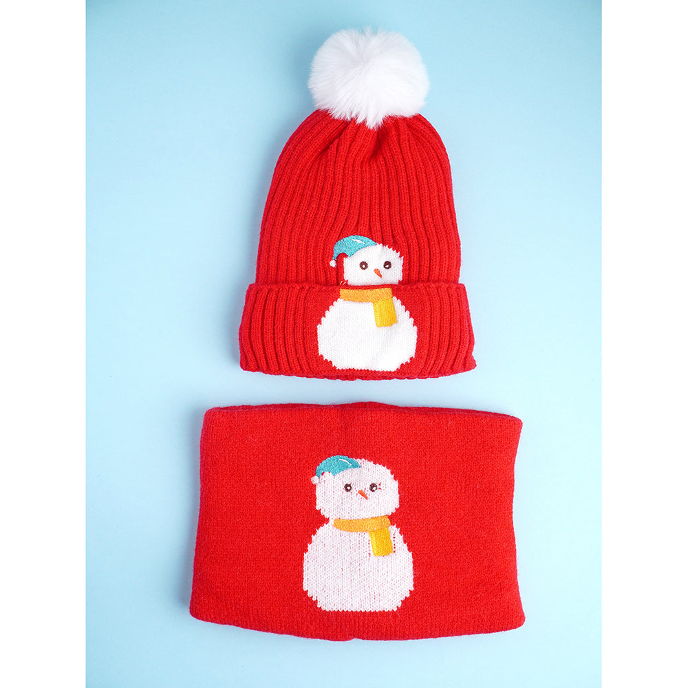 Little Surpise Box 2Pcs Red Snowman Themed Beanie Winter Cap With Matching Neck Cuff Style Muffler For Kids