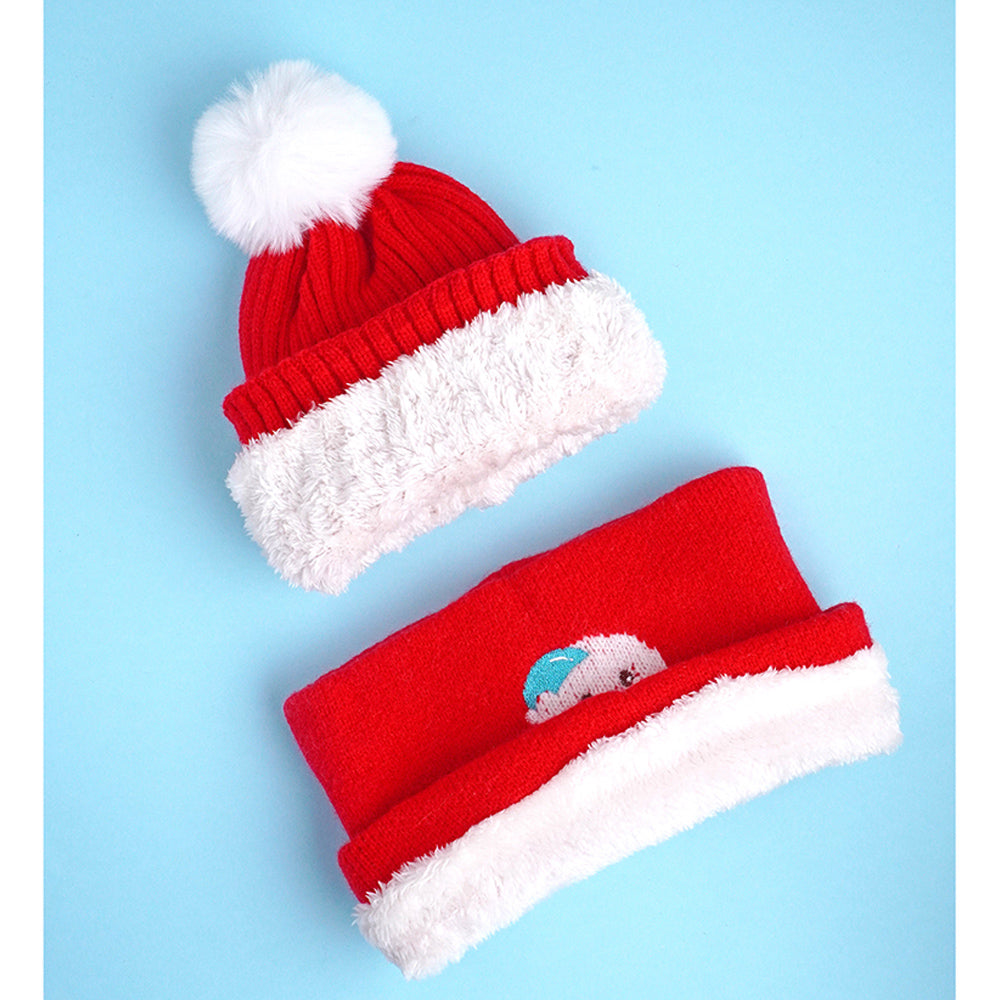 Little Surpise Box 2Pcs Red Snowman Themed Beanie Winter Cap With Matching Neck Cuff Style Muffler For Kids