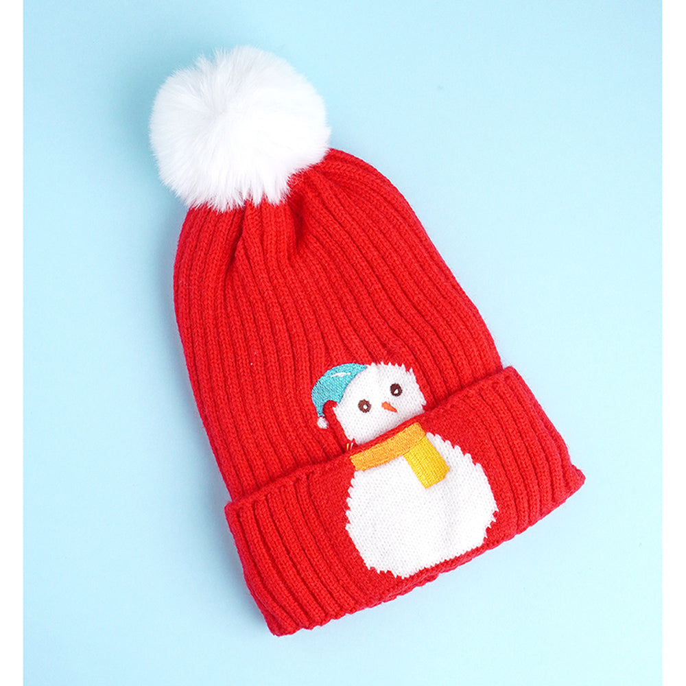 Little Surpise Box 2Pcs Red Snowman Themed Beanie Winter Cap With Matching Neck Cuff Style Muffler For Kids