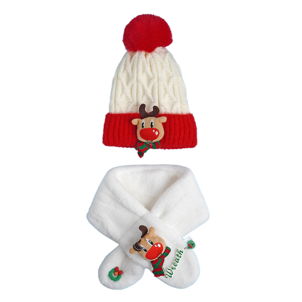 Little Surpise Box 2Pcs White Reindeer Themed Winter Cap Beanie With Matching Long Style Neck Muffler For Kids