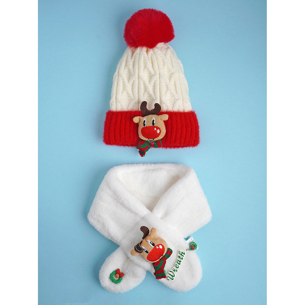 Little Surpise Box 2Pcs White Reindeer Themed Winter Cap Beanie With Matching Long Style Neck Muffler For Kids