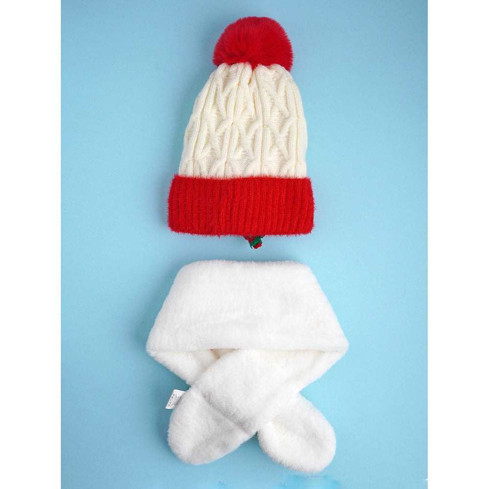 Little Surpise Box 2Pcs White Reindeer Themed Winter Cap Beanie With Matching Long Style Neck Muffler For Kids