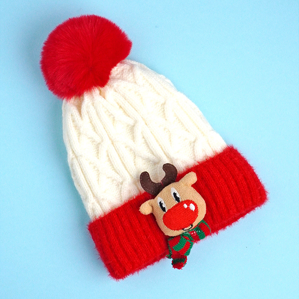 Little Surpise Box 2Pcs White Reindeer Themed Winter Cap Beanie With Matching Long Style Neck Muffler For Kids