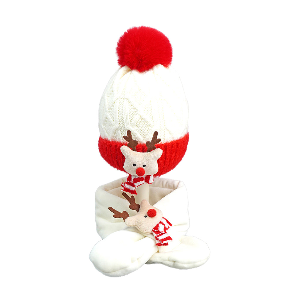 Little Surpise Box 2Pcs White Red Nose Reindeer Themed Winter Cap Beanie With Matching Long Style Neck Muffler For Kids