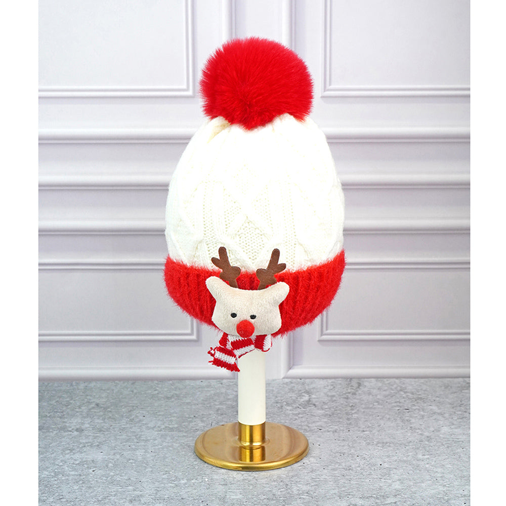 Little Surpise Box 2Pcs White Red Nose Reindeer Themed Winter Cap Beanie With Matching Long Style Neck Muffler For Kids