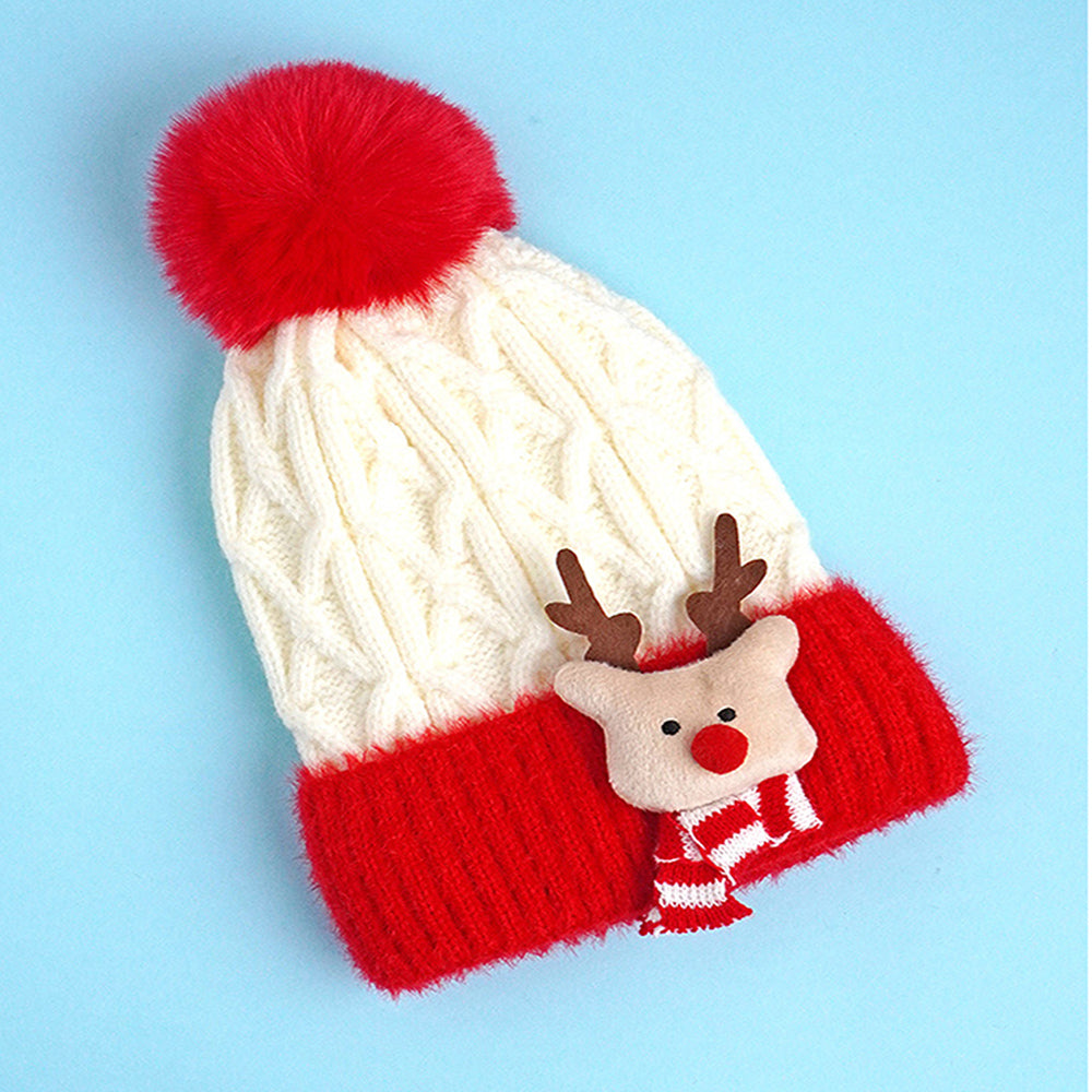 Little Surpise Box 2Pcs White Red Nose Reindeer Themed Winter Cap Beanie With Matching Long Style Neck Muffler For Kids