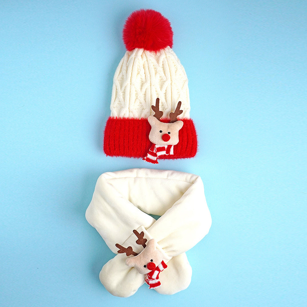 Little Surpise Box 2Pcs White Red Nose Reindeer Themed Winter Cap Beanie With Matching Long Style Neck Muffler For Kids