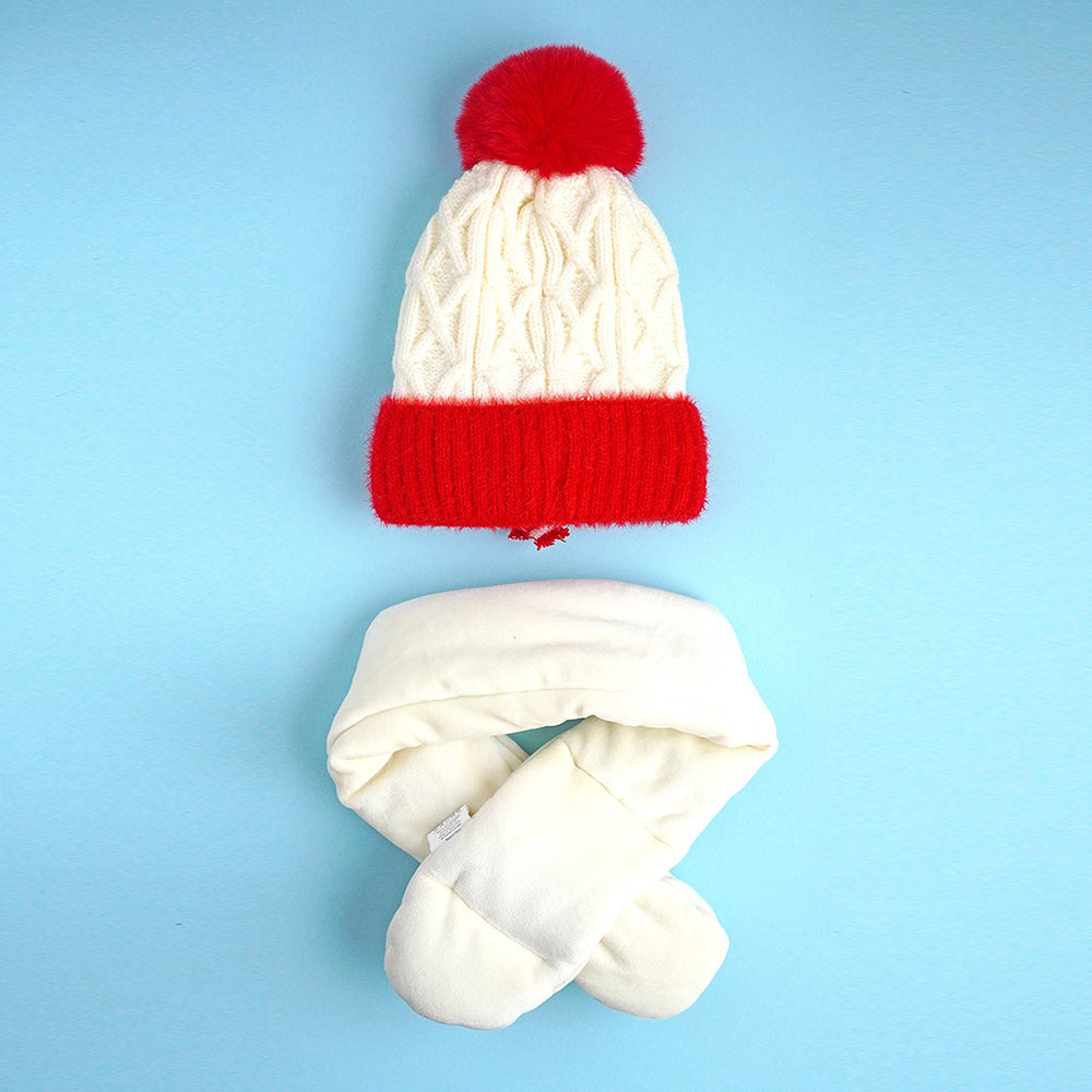 Little Surpise Box 2Pcs White Red Nose Reindeer Themed Winter Cap Beanie With Matching Long Style Neck Muffler For Kids