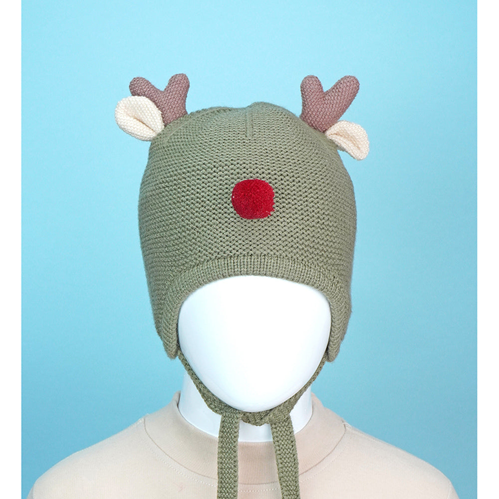 Little Surprise Box Olive Baby Antler Knitted Soft Woolen Winter Cap With Tie Up 6-18 Months