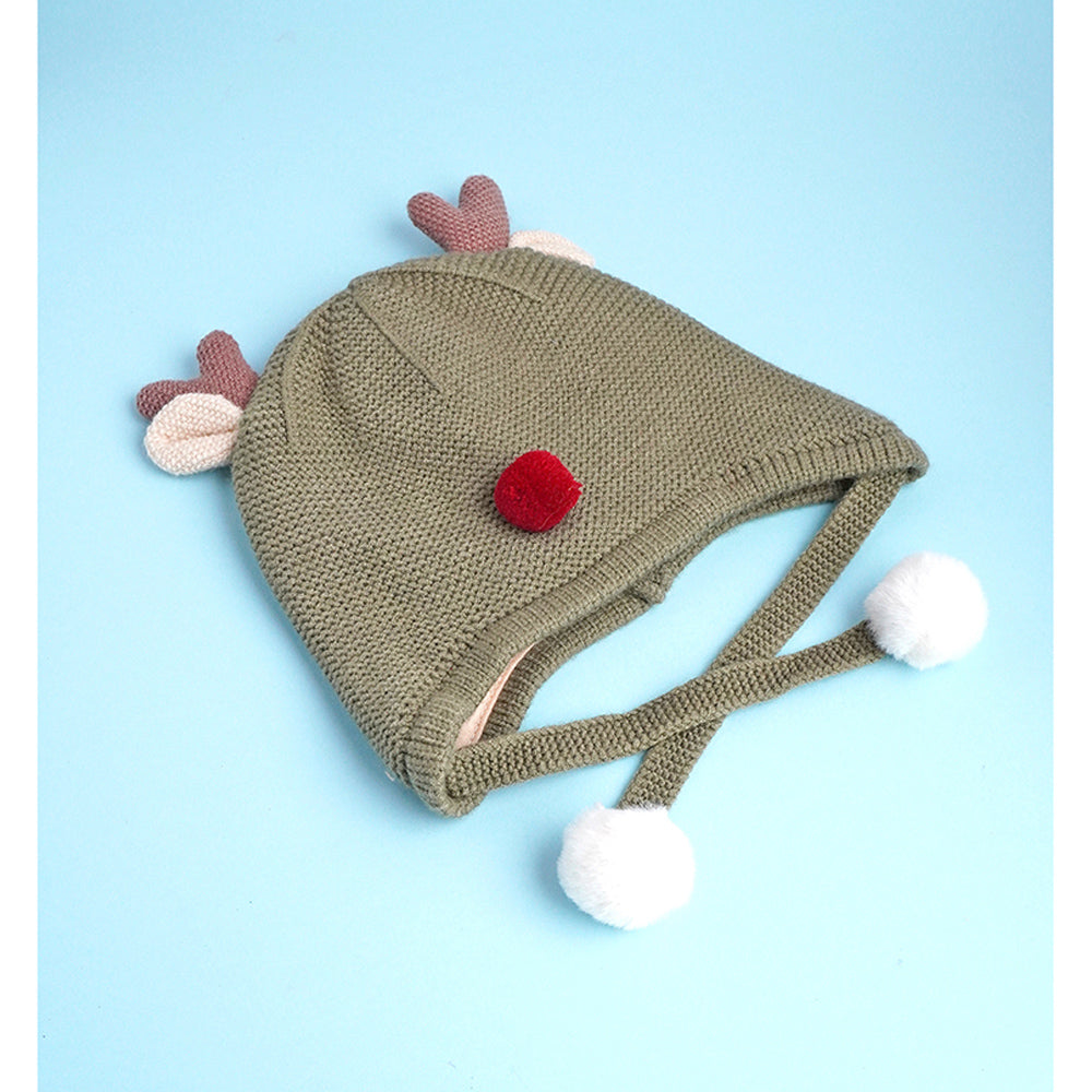 Little Surprise Box Olive Baby Antler Knitted Soft Woolen Winter Cap With Tie Up 6-18 Months