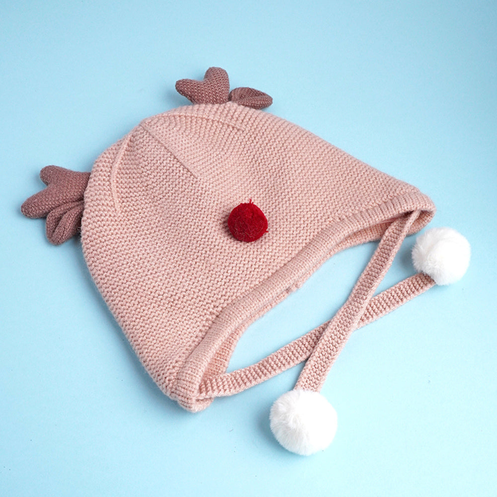 Little Surprise Box Peach Baby Antler Knitted Soft Woolen Winter Cap With Tie Up 6-18 Months