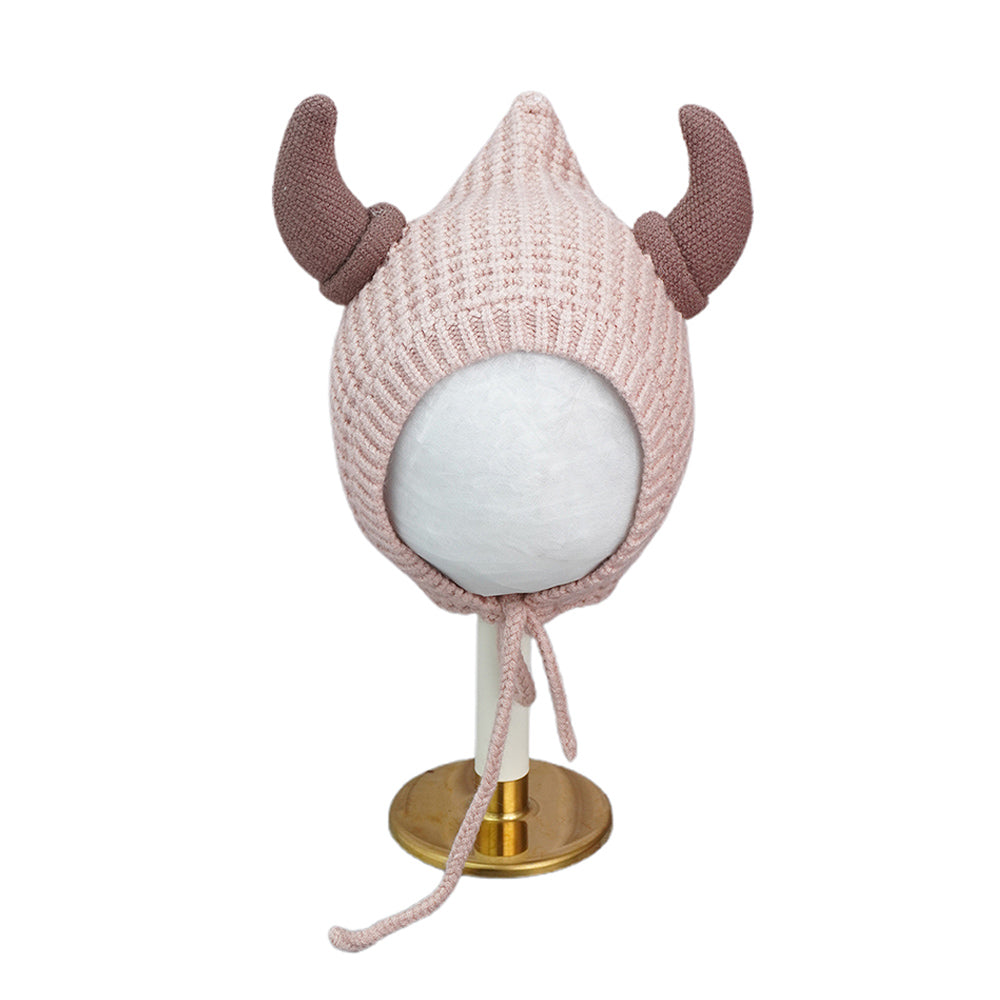 Little Surprise Box Peach Baby Horns Knitted Soft Woolen Winter Cap With Tie Up 6-18 Months