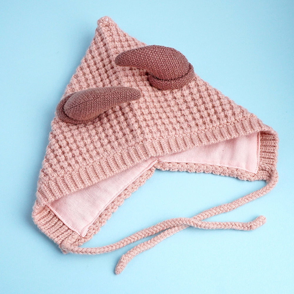 Little Surprise Box Peach Baby Horns Knitted Soft Woolen Winter Cap With Tie Up 6-18 Months