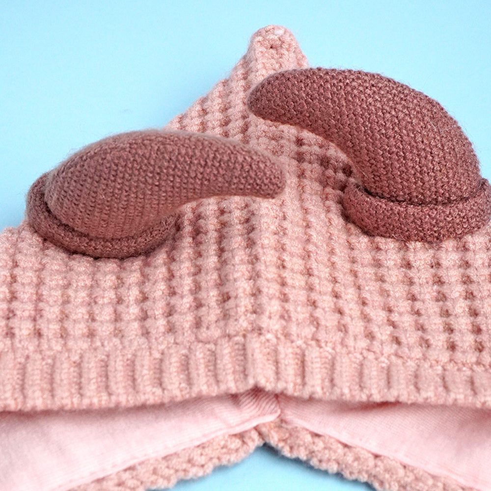 Little Surprise Box Peach Baby Horns Knitted Soft Woolen Winter Cap With Tie Up 6-18 Months