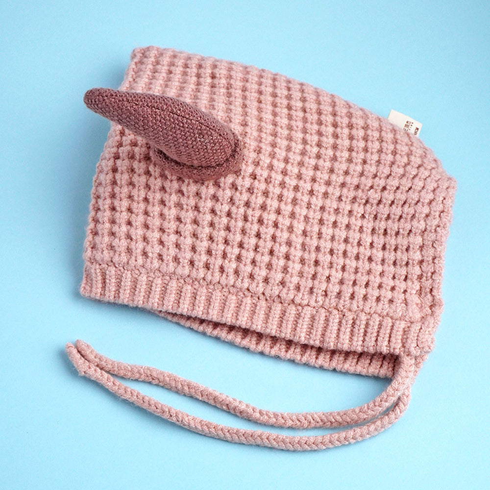 Little Surprise Box Peach Baby Horns Knitted Soft Woolen Winter Cap With Tie Up 6-18 Months