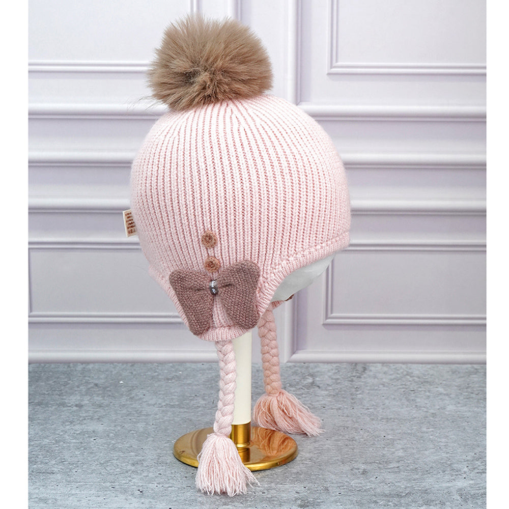 Little Surprise Box Pink Butterfly Knitted Soft Woolen Winter Cap With Tie Up 6-18 Months