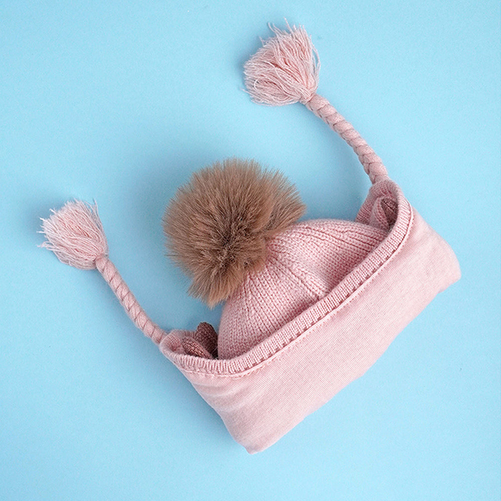 Little Surprise Box Pink Butterfly Knitted Soft Woolen Winter Cap With Tie Up 6-18 Months