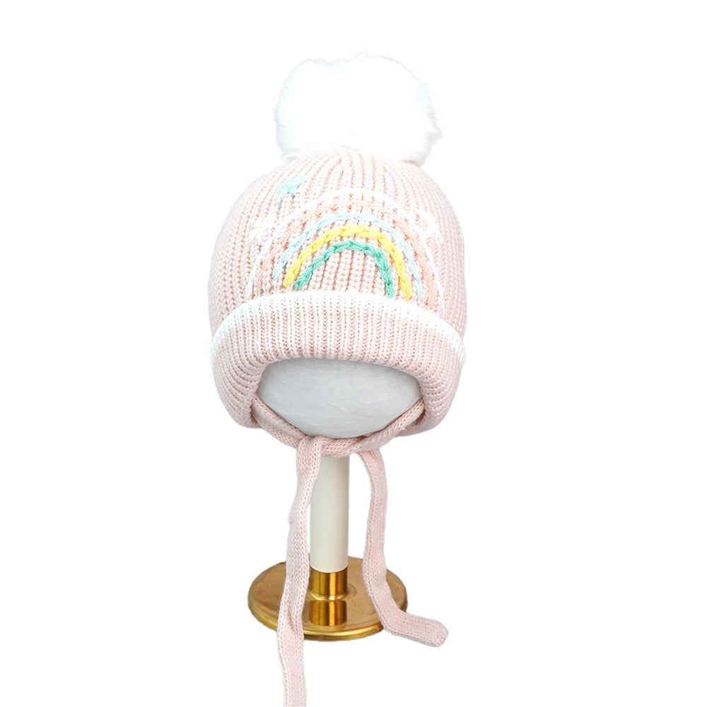 Little Surprise Box Pink Embroidered Rainbow Knitted Woolen Winter Cap/ Beanie For Kids.