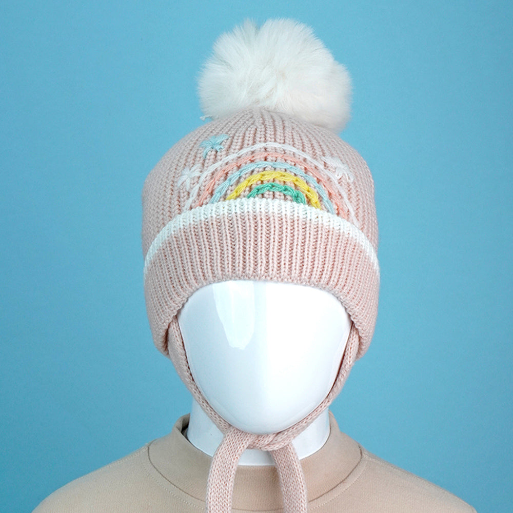 Little Surprise Box Pink Embroidered Rainbow Knitted Woolen Winter Cap/ Beanie For Kids.