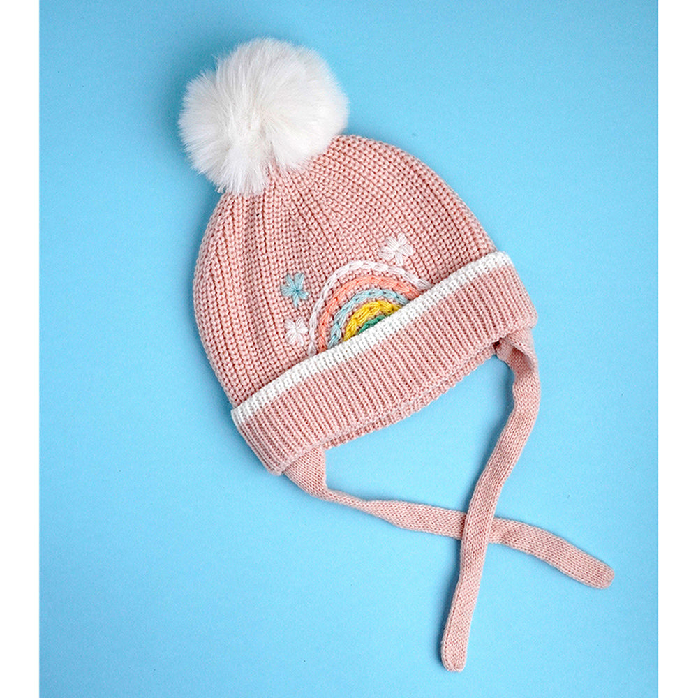 Little Surprise Box Pink Embroidered Rainbow Knitted Woolen Winter Cap/ Beanie For Kids.