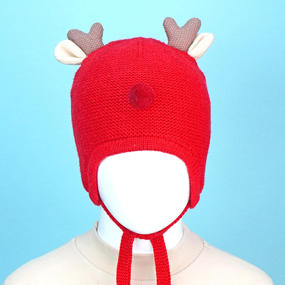 Little Surprise Box Red Baby Antler Knitted Soft Woolen Winter Cap With Tie Up 6-18 Months