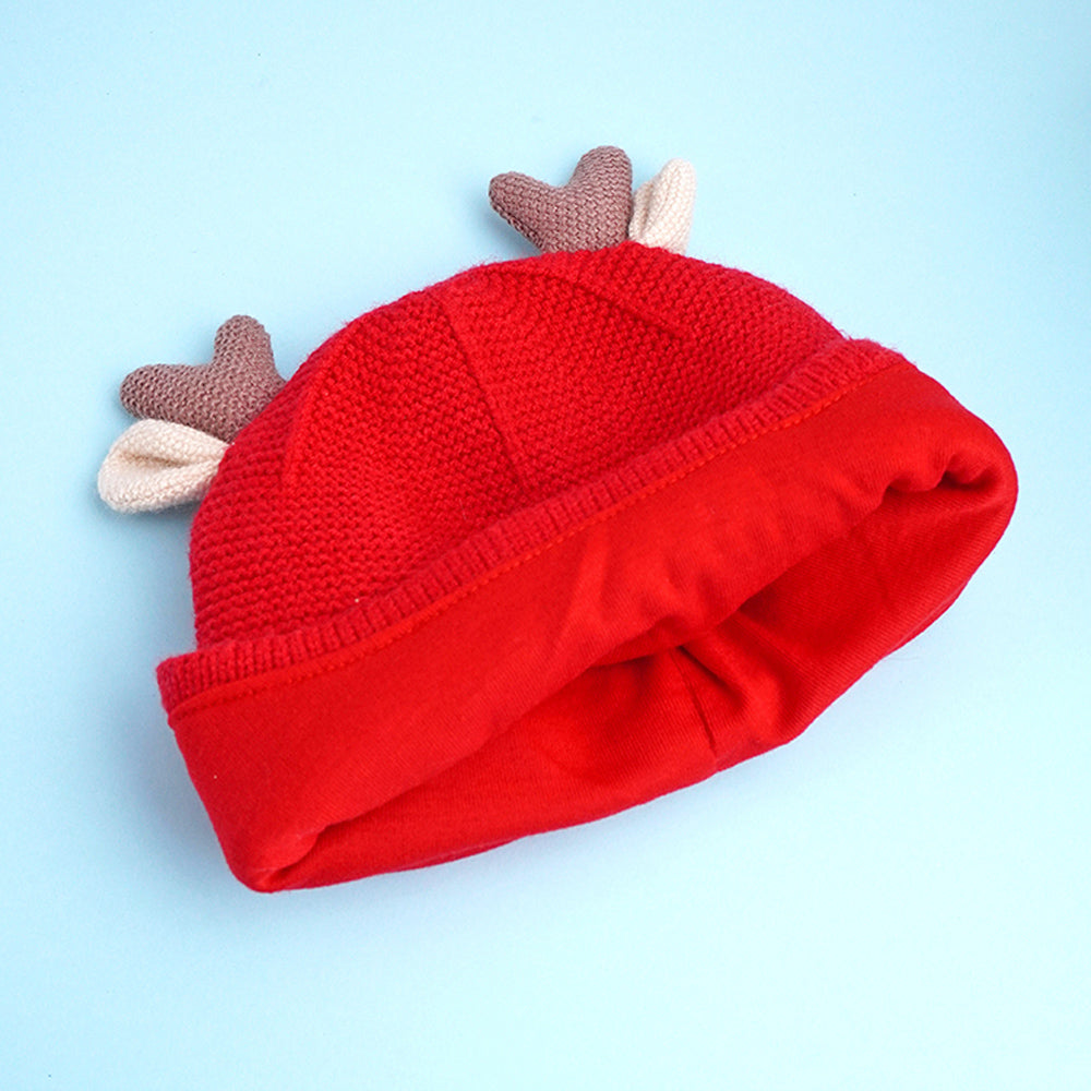 Little Surprise Box Red Baby Antler Knitted Soft Woolen Winter Cap With Tie Up 6-18 Months