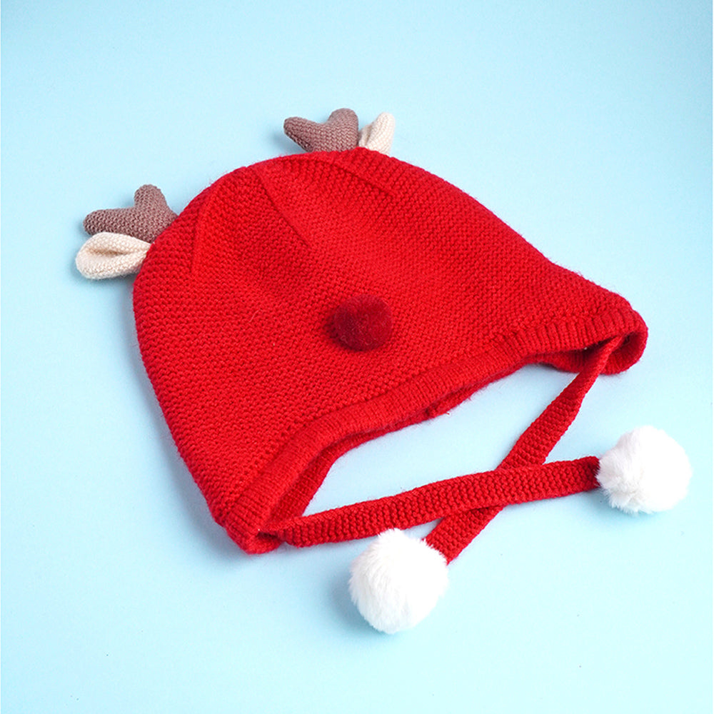 Little Surprise Box Red Baby Antler Knitted Soft Woolen Winter Cap With Tie Up 6-18 Months