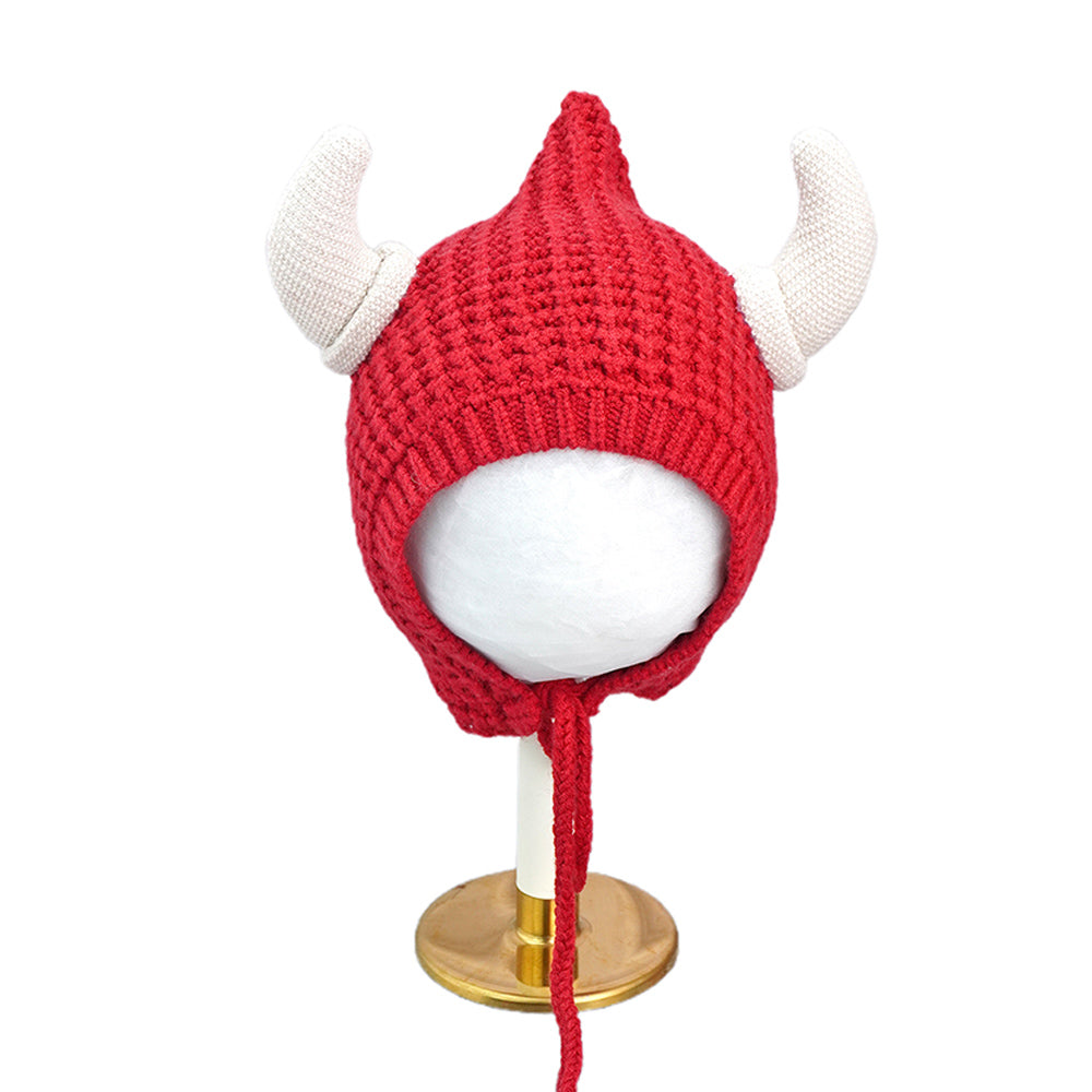 Little Surprise Box Red Baby Horns Knitted Soft Woolen Winter Cap With Tie Up 6-18 Months