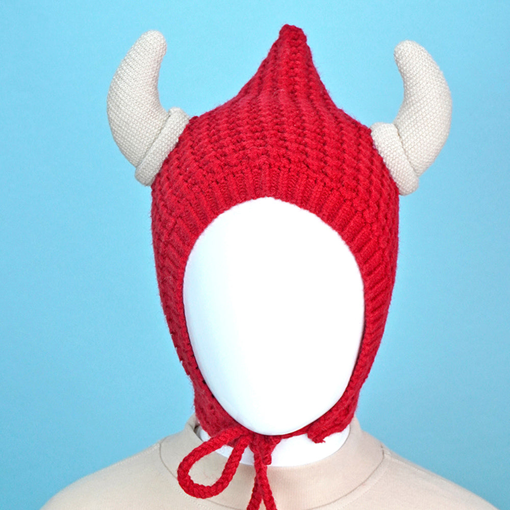 Little Surprise Box Red Baby Horns Knitted Soft Woolen Winter Cap With Tie Up 6-18 Months