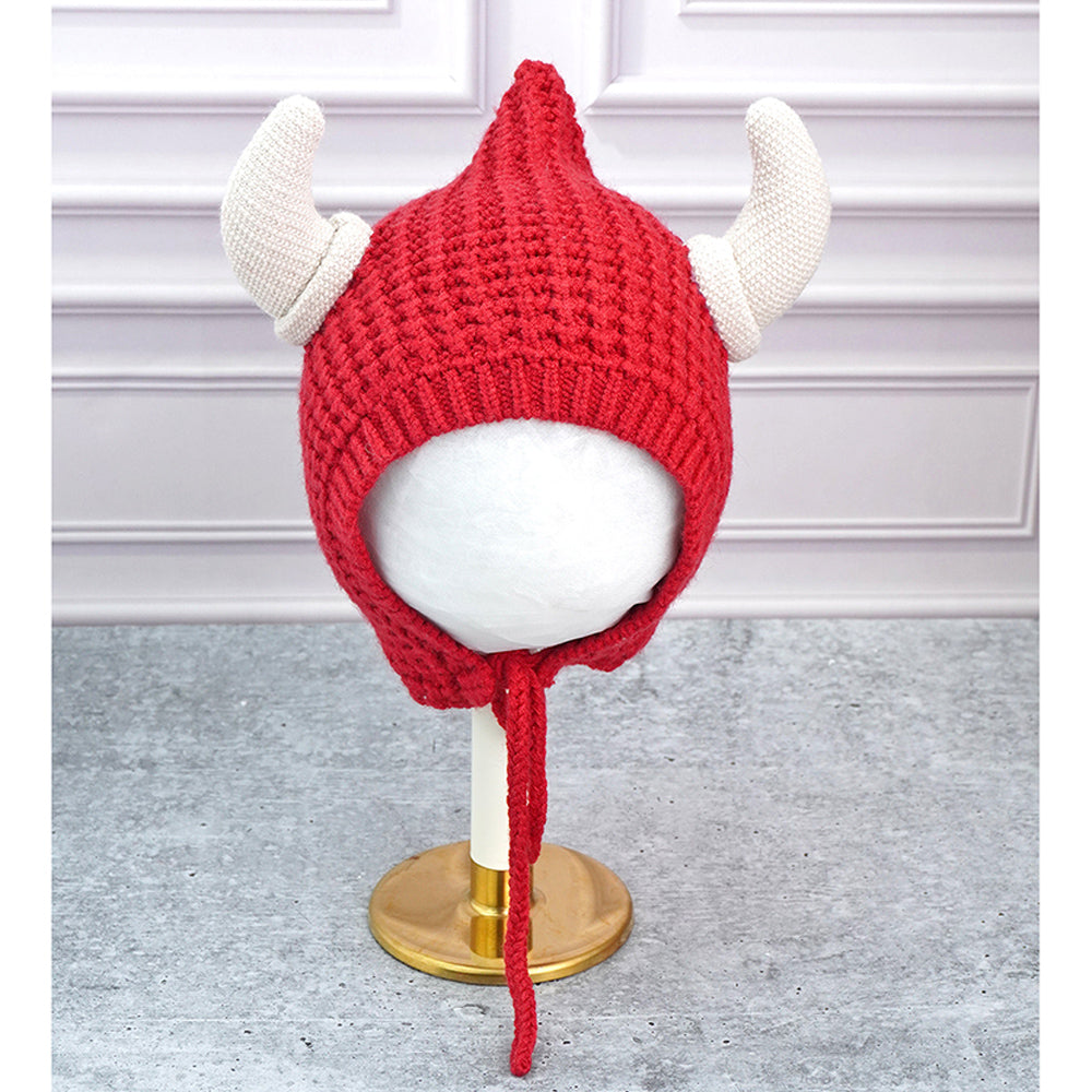 Little Surprise Box Red Baby Horns Knitted Soft Woolen Winter Cap With Tie Up 6-18 Months