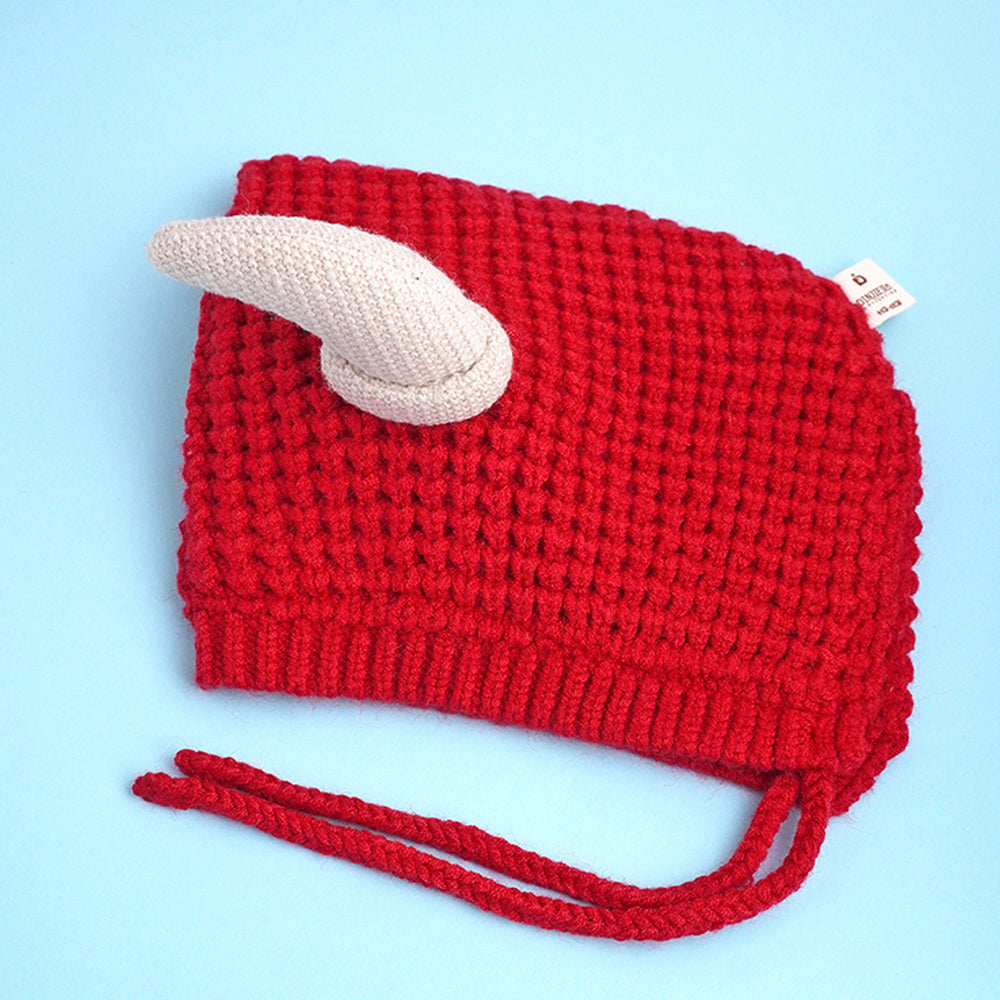 Little Surprise Box Red Baby Horns Knitted Soft Woolen Winter Cap With Tie Up 6-18 Months