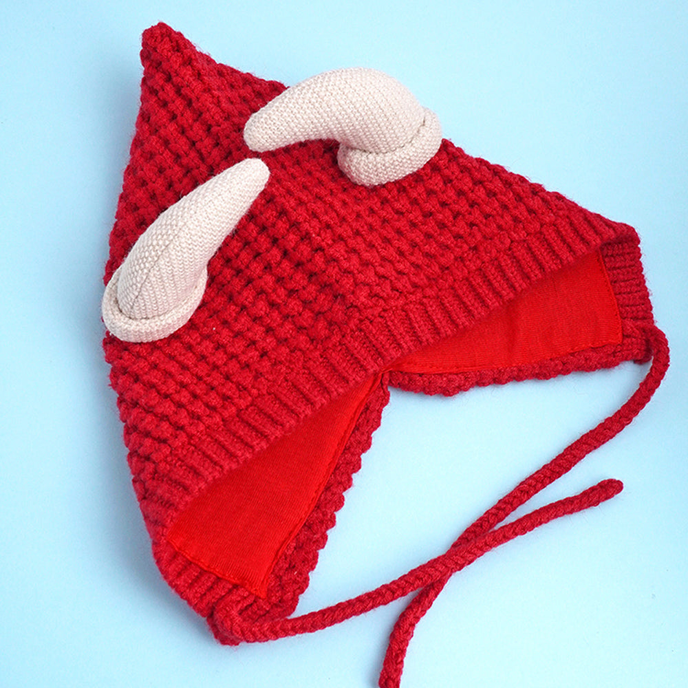 Little Surprise Box Red Baby Horns Knitted Soft Woolen Winter Cap With Tie Up 6-18 Months