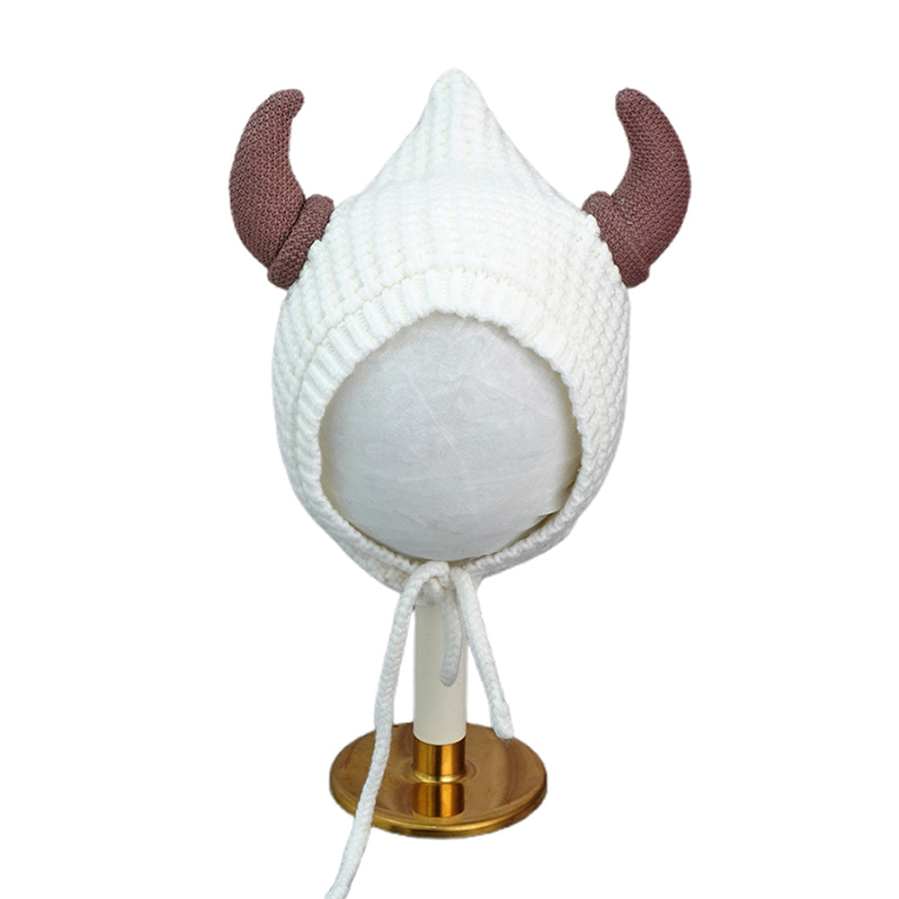 Little Surprise Box White Baby Horns Knitted Soft Woolen Winter Cap With Tie Up 6-18 Months